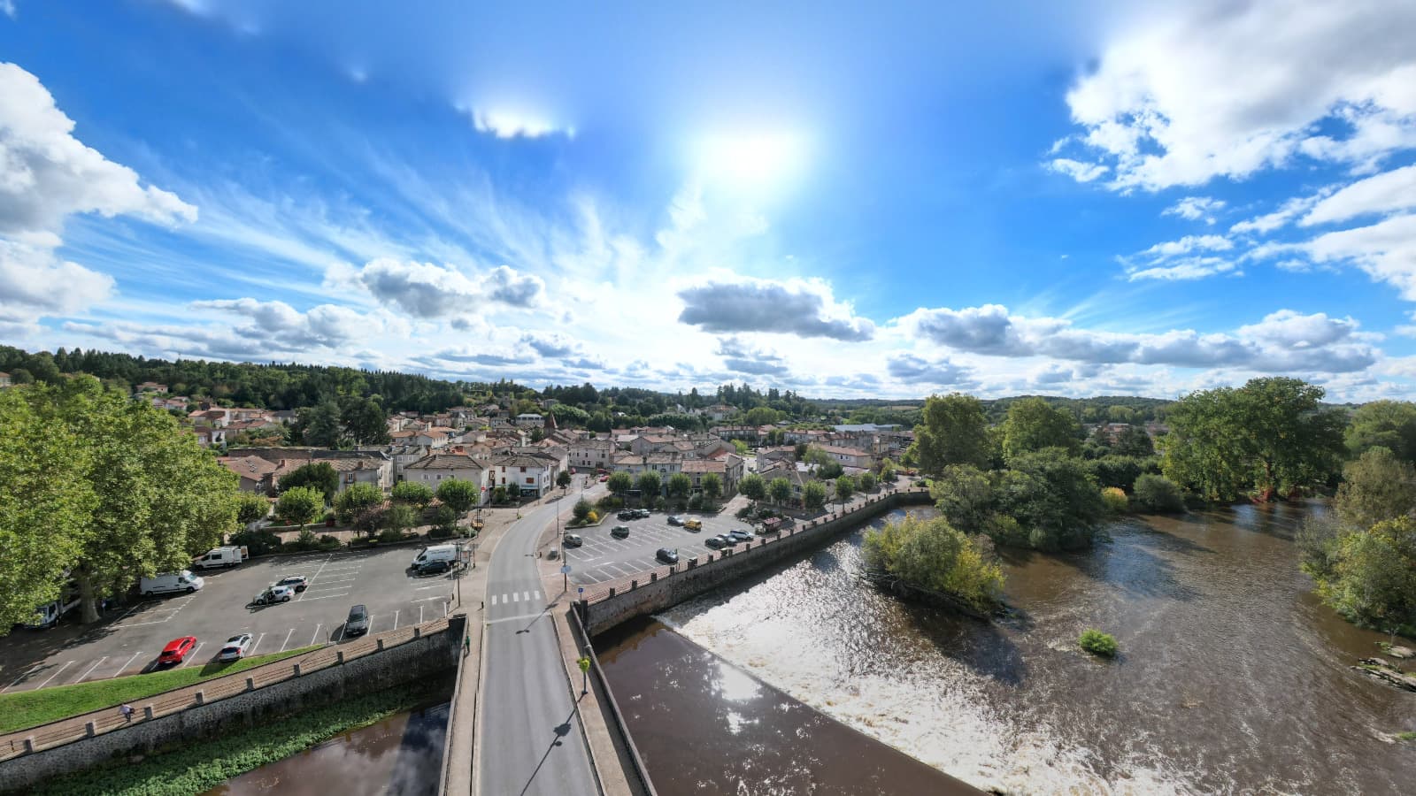 Chabanais, Charente — aerial view of the village and the Vienne river